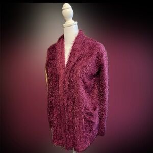 Colleen Lopez Open Front eyelash Cardigan Set With Tank Small Red Burgundy